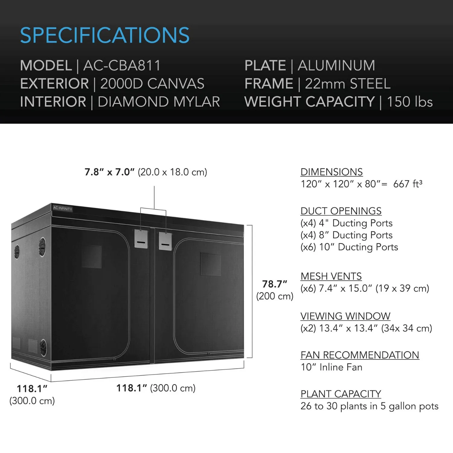 AC Infinity CLOUDLAB 811, Advance Grow Tent 10x10, 2000D Diamond Mylar Canvas, 120" x 120" x 80"