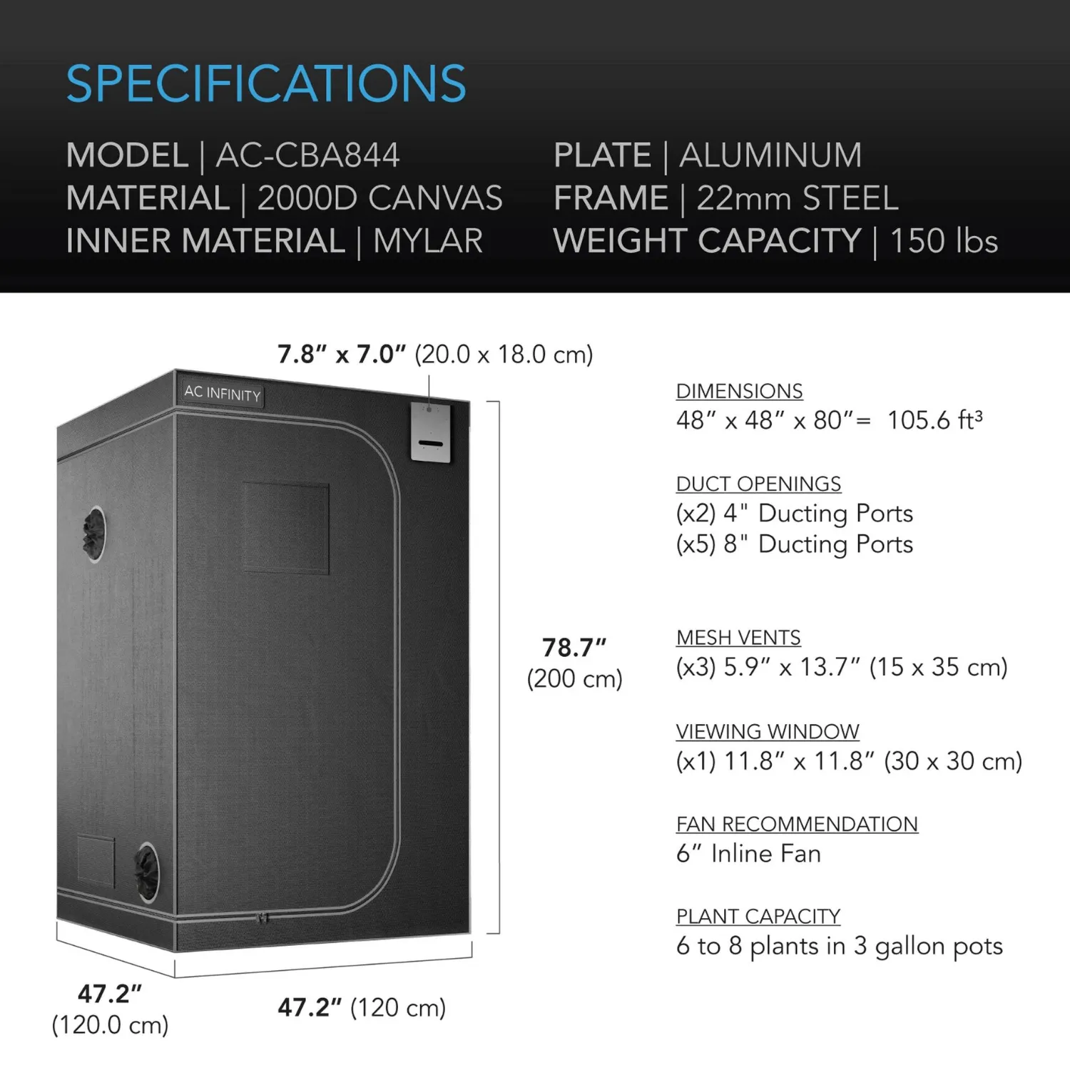 AC Infinity CLOUDLAB 844, Advance Grow Tent 4x4, 2000D Diamond Mylar Canvas, 48" x 48" x 80"