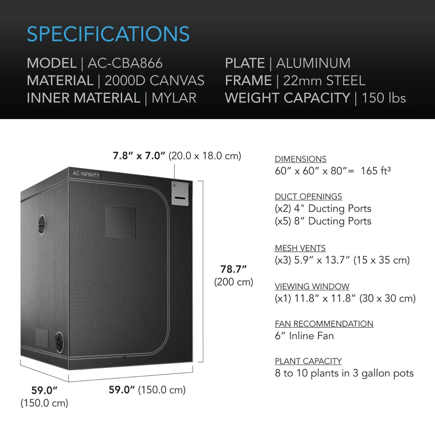 AC Infinity CLOUDLAB 866, Advance Grow Tent 5x5, 2000D Diamond Mylar Canvas, 60" x 60" x 80"