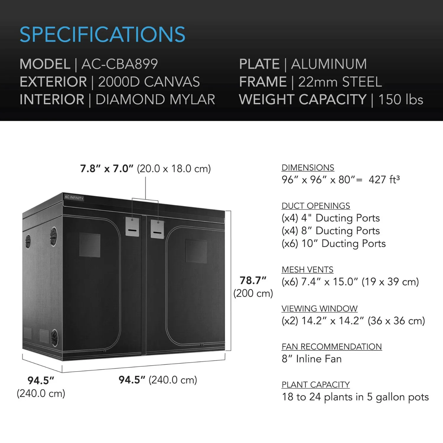 AC Infinity CLOUDLAB 899, Advance Grow Tent 8x8, 2000D Diamond Mylar Canvas, 96" x 96" x 80"