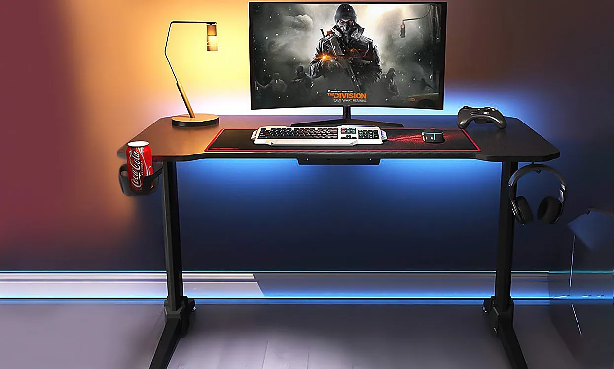 Dripex 44.5" Gaming Desk, T-Shaped Ergonomic Gaming Desk for PC with Cup Holder, Headphone Hook & Storage Basket, Black