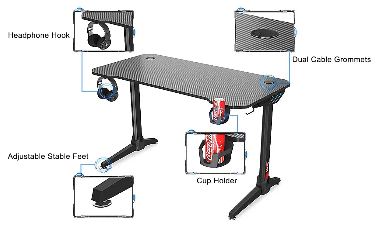 Dripex 44.5" Gaming Desk, T-Shaped Ergonomic Gaming Desk for PC with Cup Holder, Headphone Hook & Storage Basket, Black