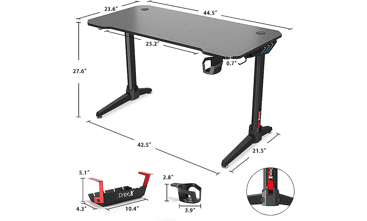 Dripex 44.5" Gaming Desk, T-Shaped Ergonomic Gaming Desk for PC with Cup Holder, Headphone Hook & Storage Basket, Black