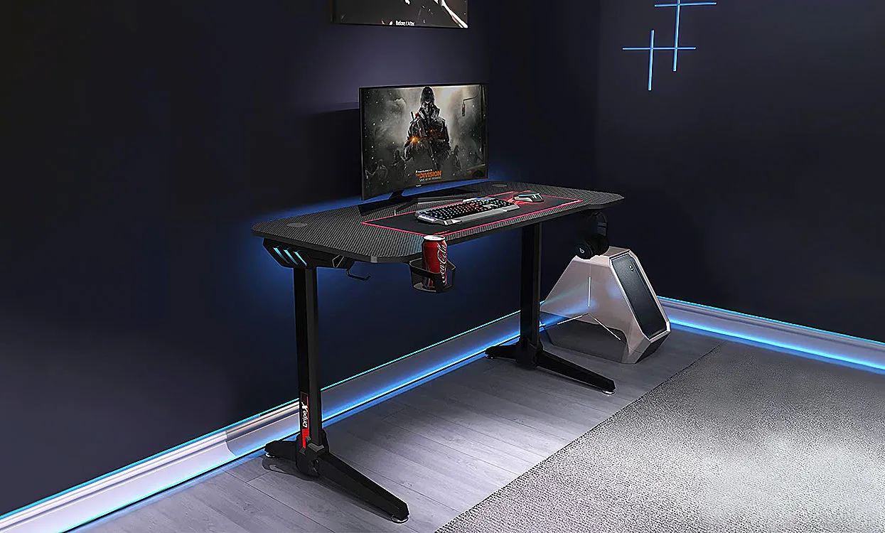 Dripex 44.5" Gaming Desk, T-Shaped Ergonomic Gaming Desk for PC with Cup Holder, Headphone Hook & Storage Basket, Black