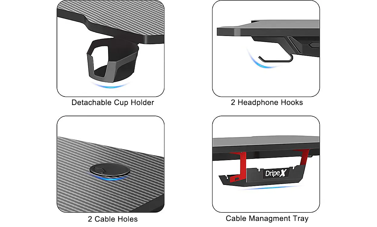 Dripex 44.5" Gaming Desk, T-Shaped Ergonomic Gaming Desk for PC with Cup Holder, Headphone Hook & Storage Basket, Black