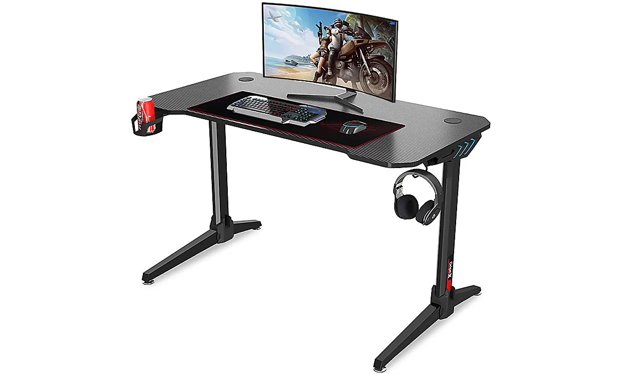 Dripex 44.5" Gaming Desk, T-Shaped Ergonomic Gaming Desk for PC with Cup Holder, Headphone Hook & Storage Basket, Black