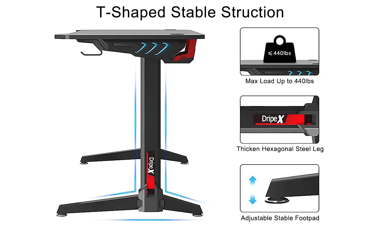 Dripex 44.5" Gaming Desk, T-Shaped Ergonomic Gaming Desk for PC with Cup Holder, Headphone Hook & Storage Basket, Black