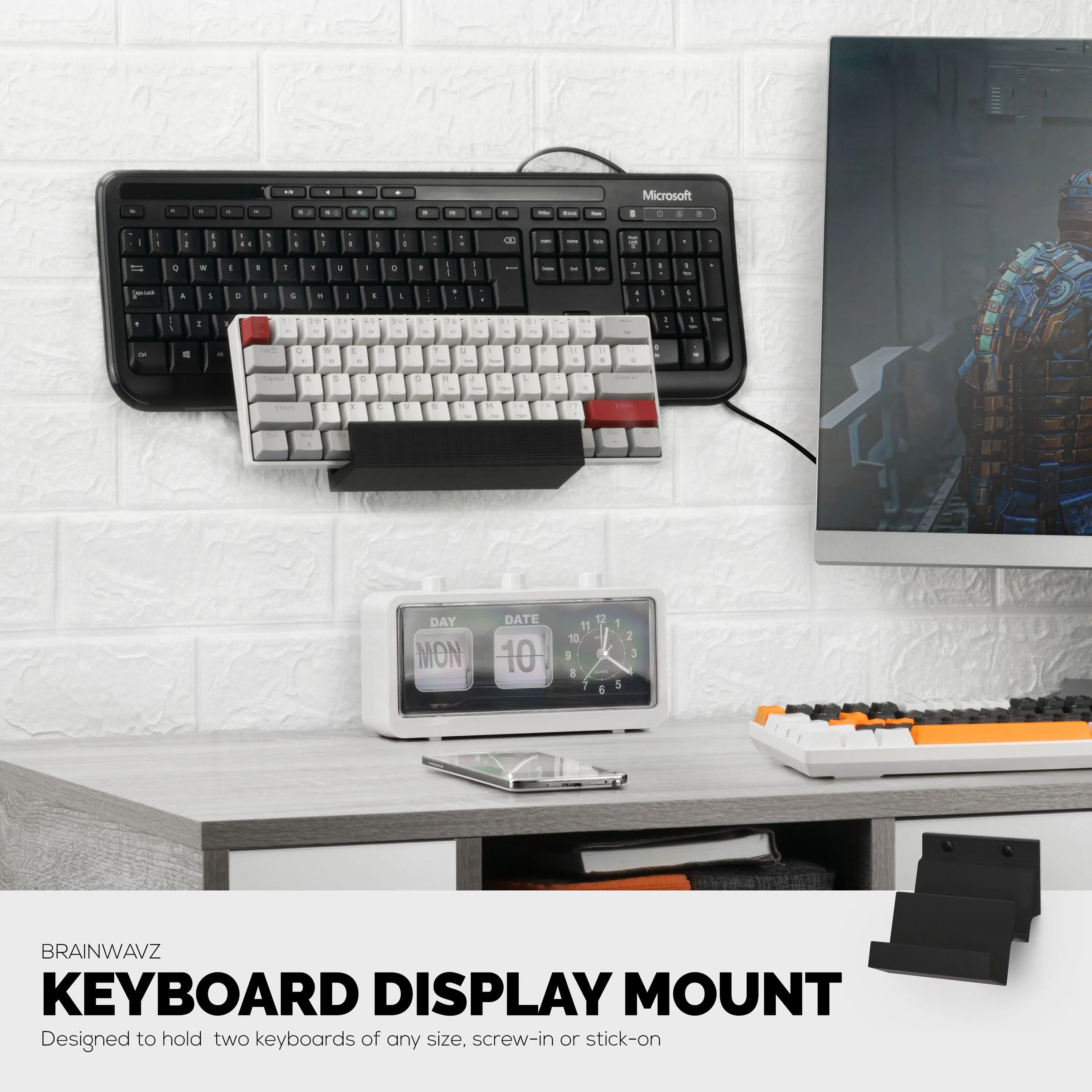 Dual Gaming Keyboard Stand for Wall Mounting - Adhesive or Screw Mount Installation - Stylish and Space Saving Solution for Gamers, Home & Office (KBW03)