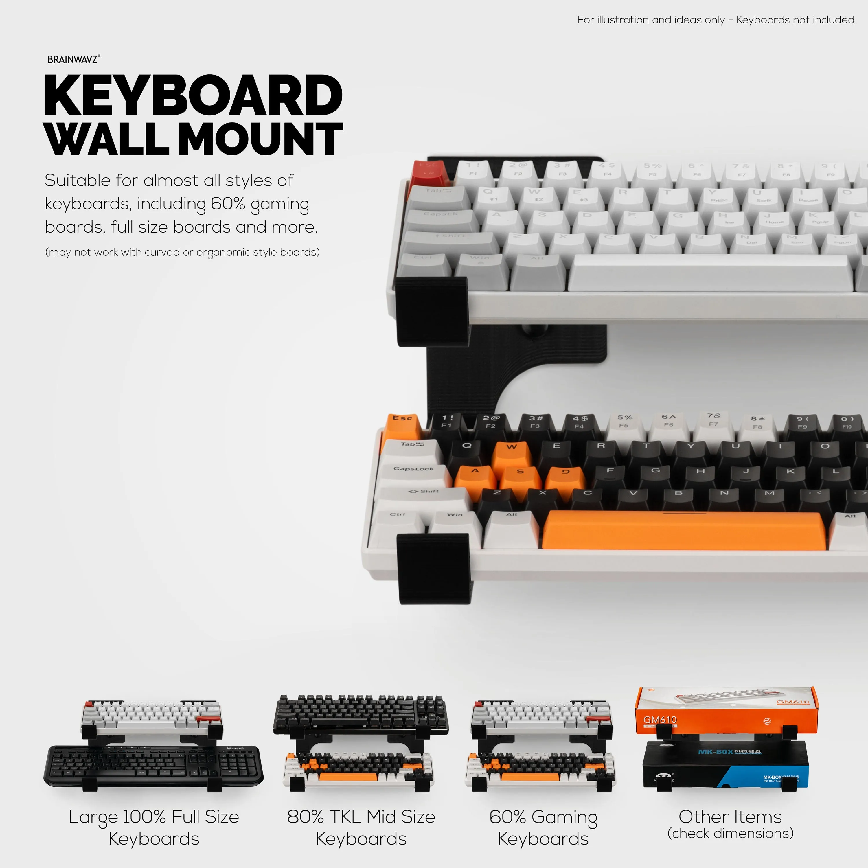 Dual Gaming Keyboard Stand for Wall Mounting - Adhesive or Screw Mount Installation - Stylish and Space Saving Solution for Gamers, Home & Office (KBW04)