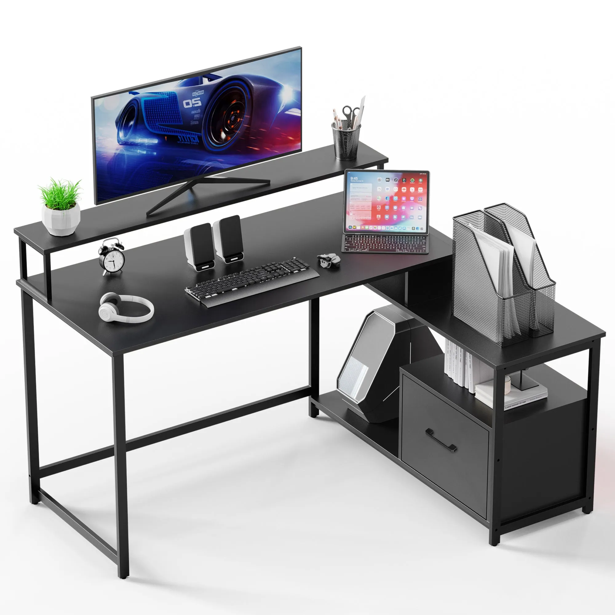 Evajoy Home Office Computer Desk with File Drawer, LED Strip, Ergonomic L-Shaped Gaming Desk 2024