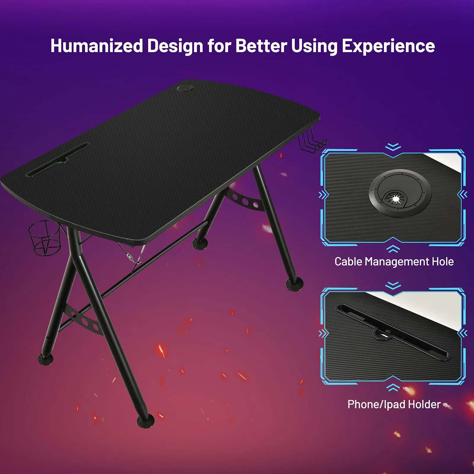 Gaming Desk, Ergonomic Home Office Computer Desk with Cup Holder & Headphone Hook