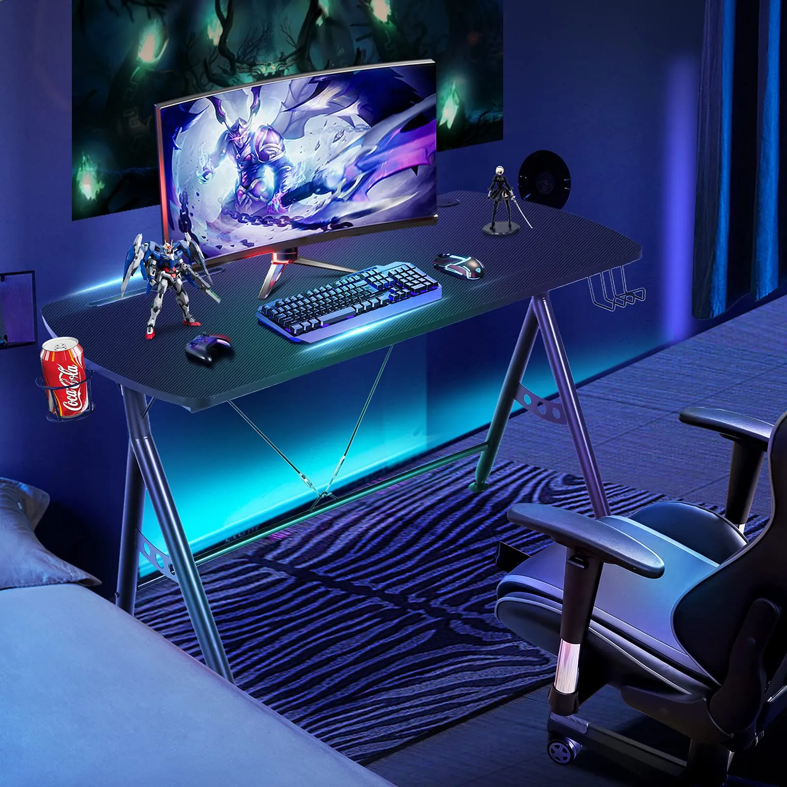 Gaming Desk, Ergonomic Home Office Computer Desk with Cup Holder & Headphone Hook