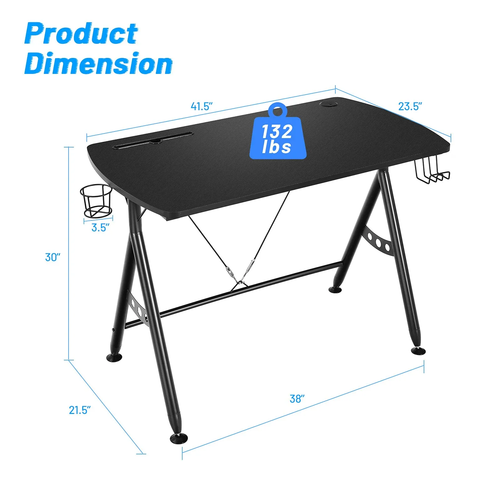 Gaming Desk, Ergonomic Home Office Computer Desk with Cup Holder & Headphone Hook