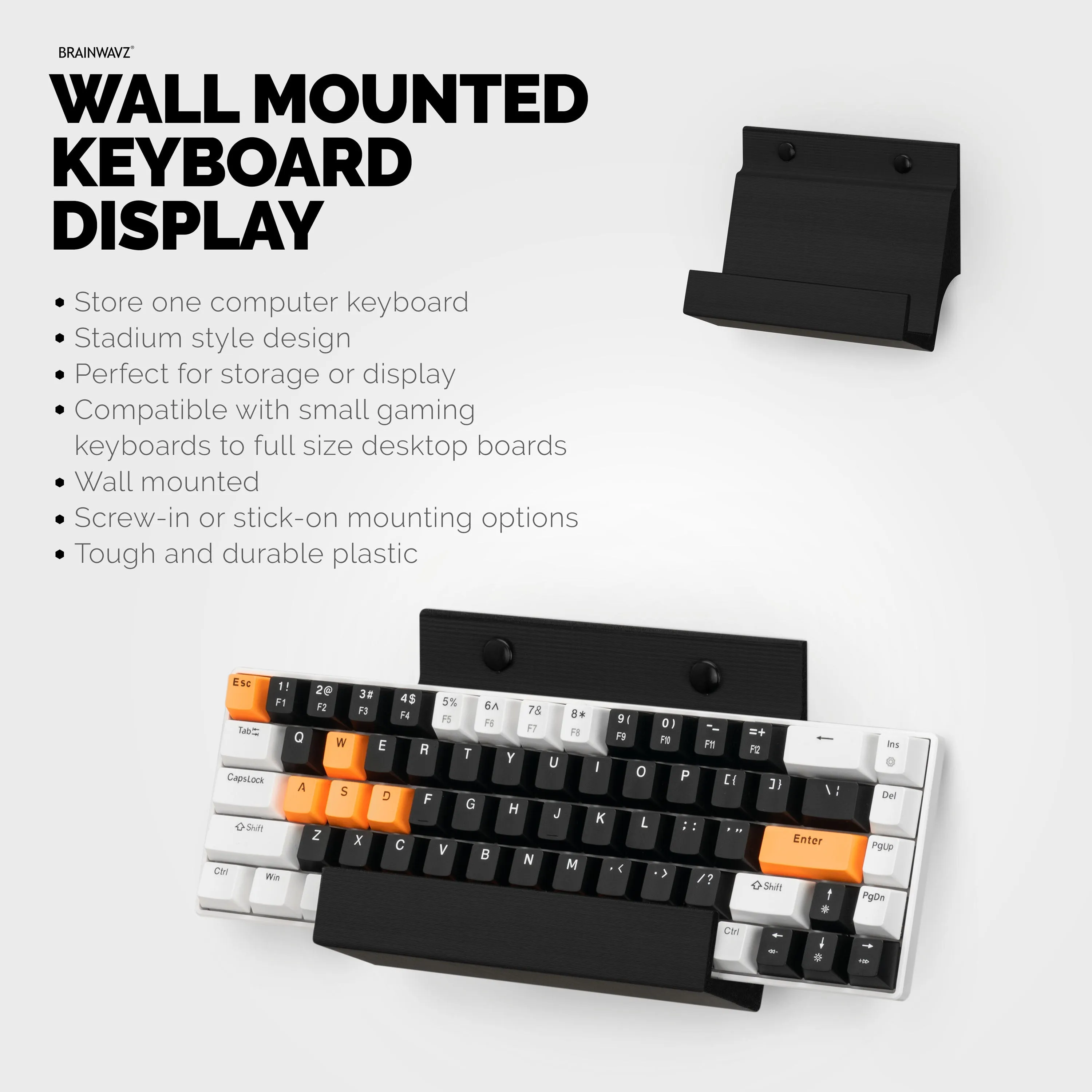 Gaming Keyboard Stand for Wall Mounting - Adhesive or Screw Mount Installation - Stylish and Space Saving Solution for Gamers, Home & Office (KBW01)