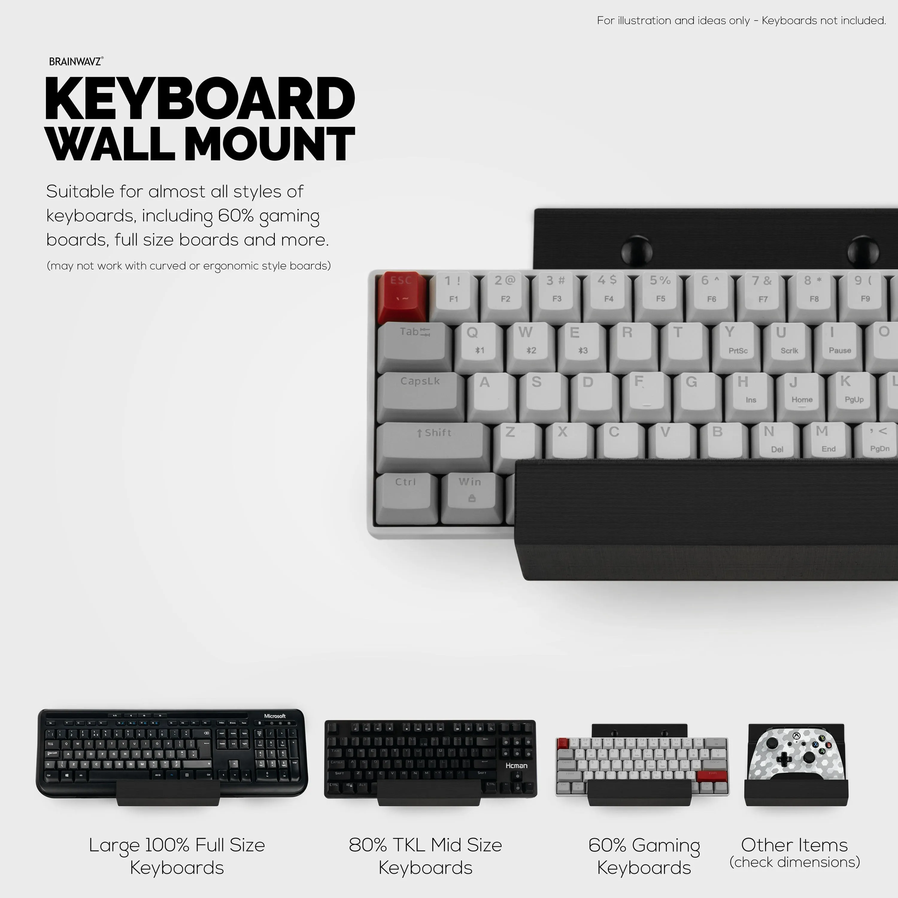 Gaming Keyboard Stand for Wall Mounting - Adhesive or Screw Mount Installation - Stylish and Space Saving Solution for Gamers, Home & Office (KBW01)