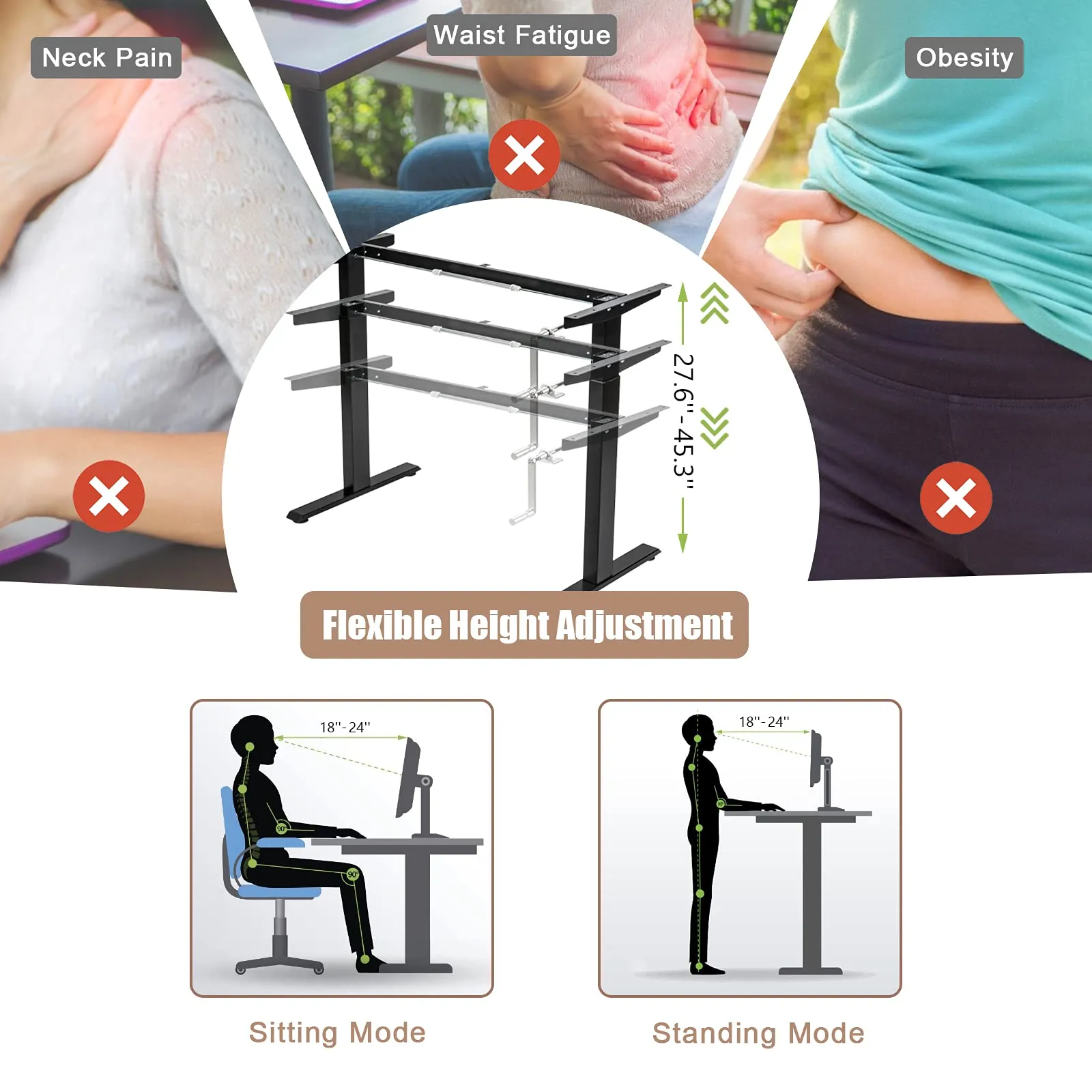 Hand Crank Stand Up Desk Frame, Manual Height Adjustable Standing Workstation with Foldable Crank Handle