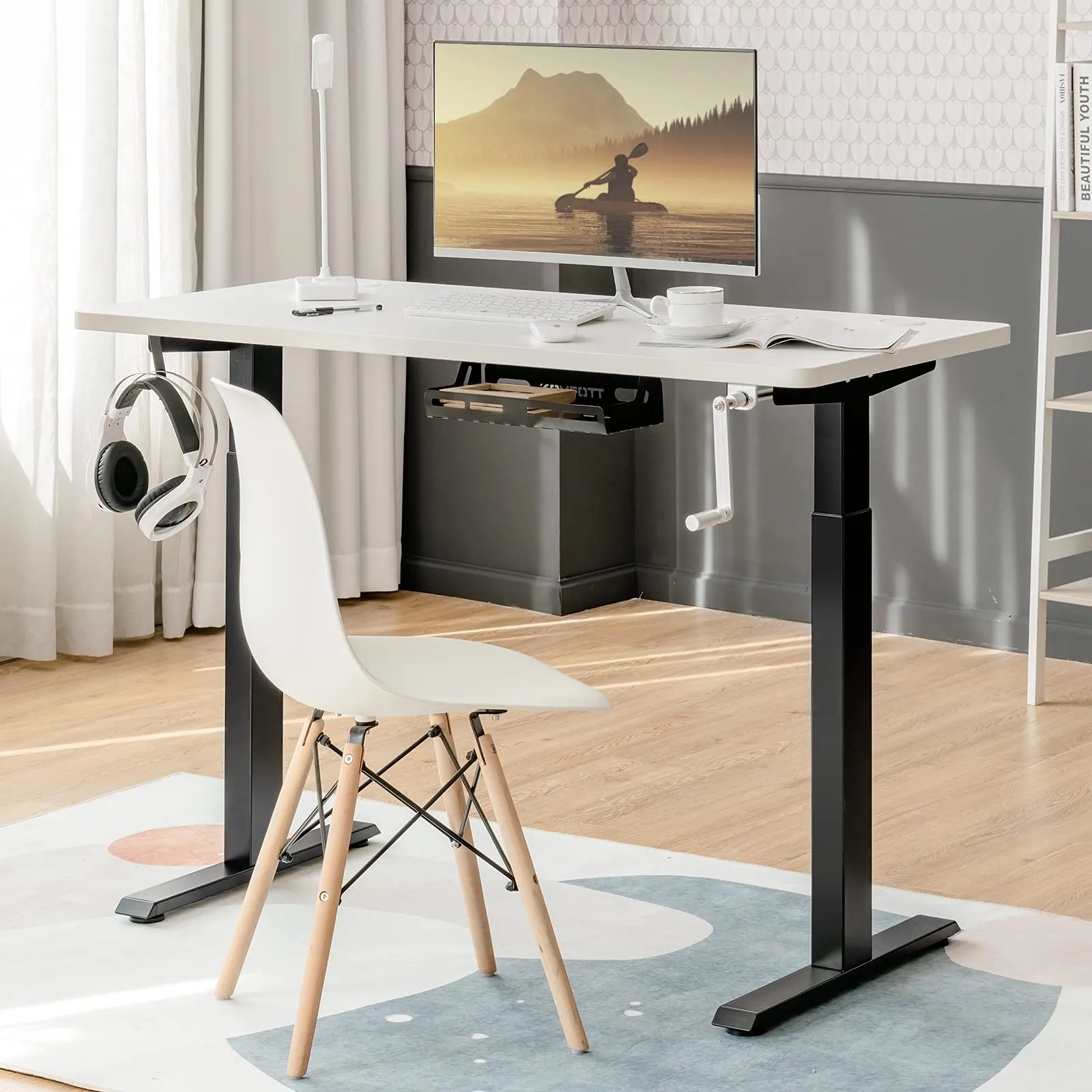 Hand Crank Stand Up Desk Frame, Manual Height Adjustable Standing Workstation with Foldable Crank Handle