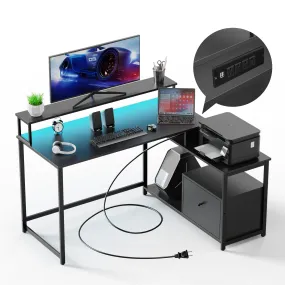 Home Office Computer Desk with File Drawer, LED Strip, Ergonomic L-Shaped Gaming Desk