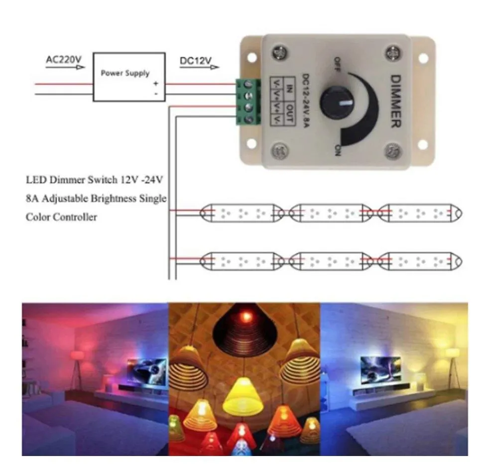 LED Strip & Neon Flex Dimmer Switch DC 12V 24V 8A Adjustable Brightness Single Colour