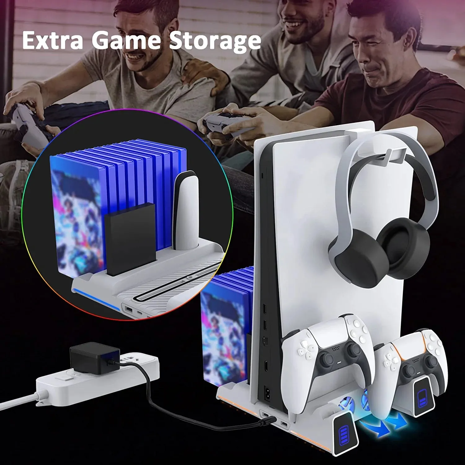 Nexigo PS5 Stand with RGB LED Light, Hard Drive Slot, Headset and Remote Holders, Dual Controller Charging Station for Playstation 5 Console, 10 Game Slots, White