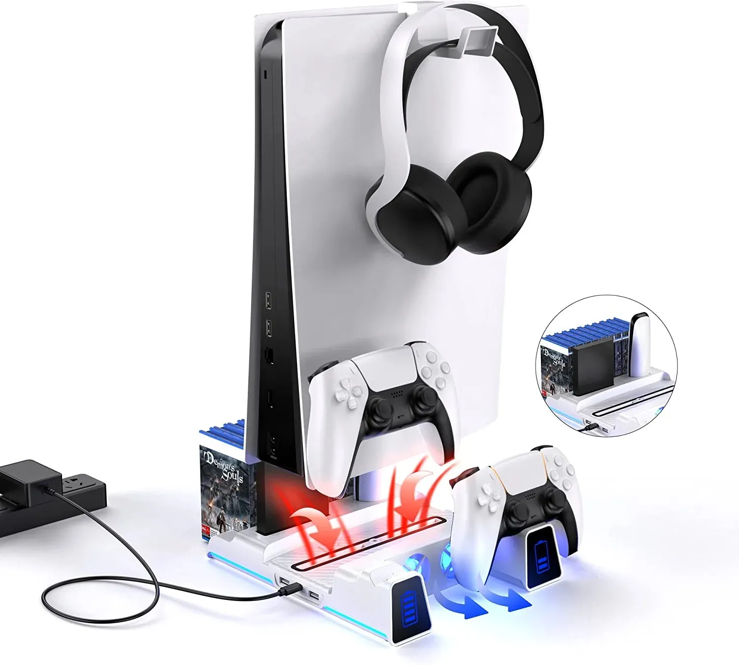 Nexigo PS5 Stand with RGB LED Light, Hard Drive Slot, Headset and Remote Holders, Dual Controller Charging Station for Playstation 5 Console, 10 Game Slots, White