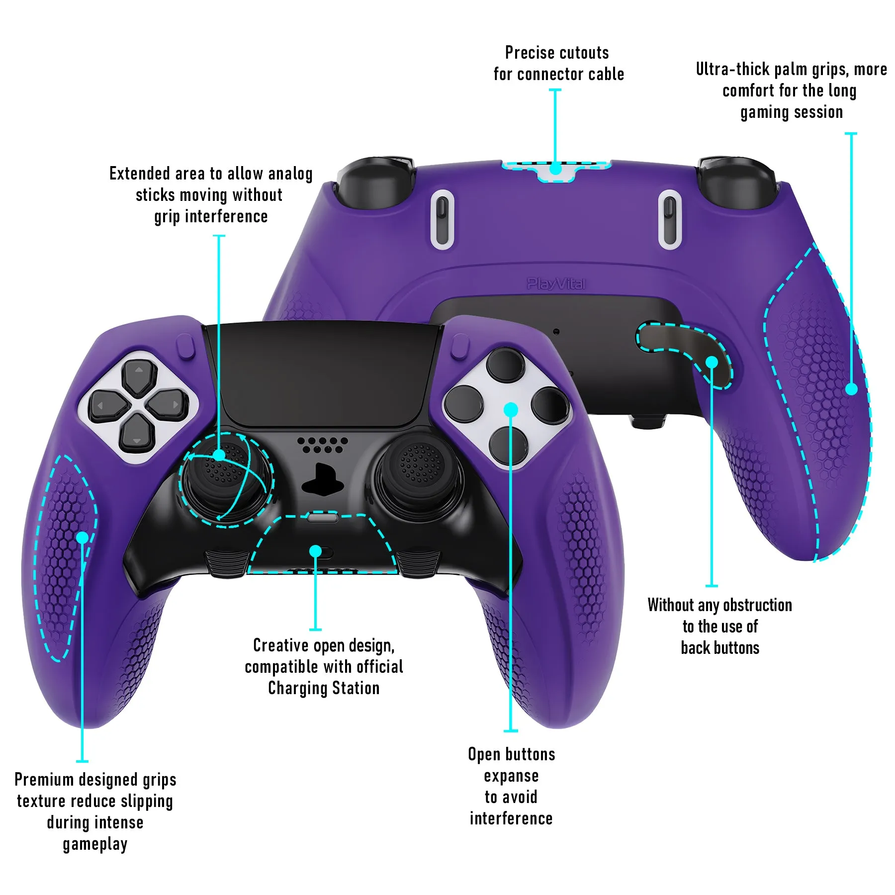 PlayVital Ninja Edition Anti-Slip Half-Covered Silicone Cover Skin for ps5 Edge Controller, Ergonomic Protector Soft Rubber Case for ps5 Edge Wireless Controller with Thumb Grip Caps - Purple - EYPFP007