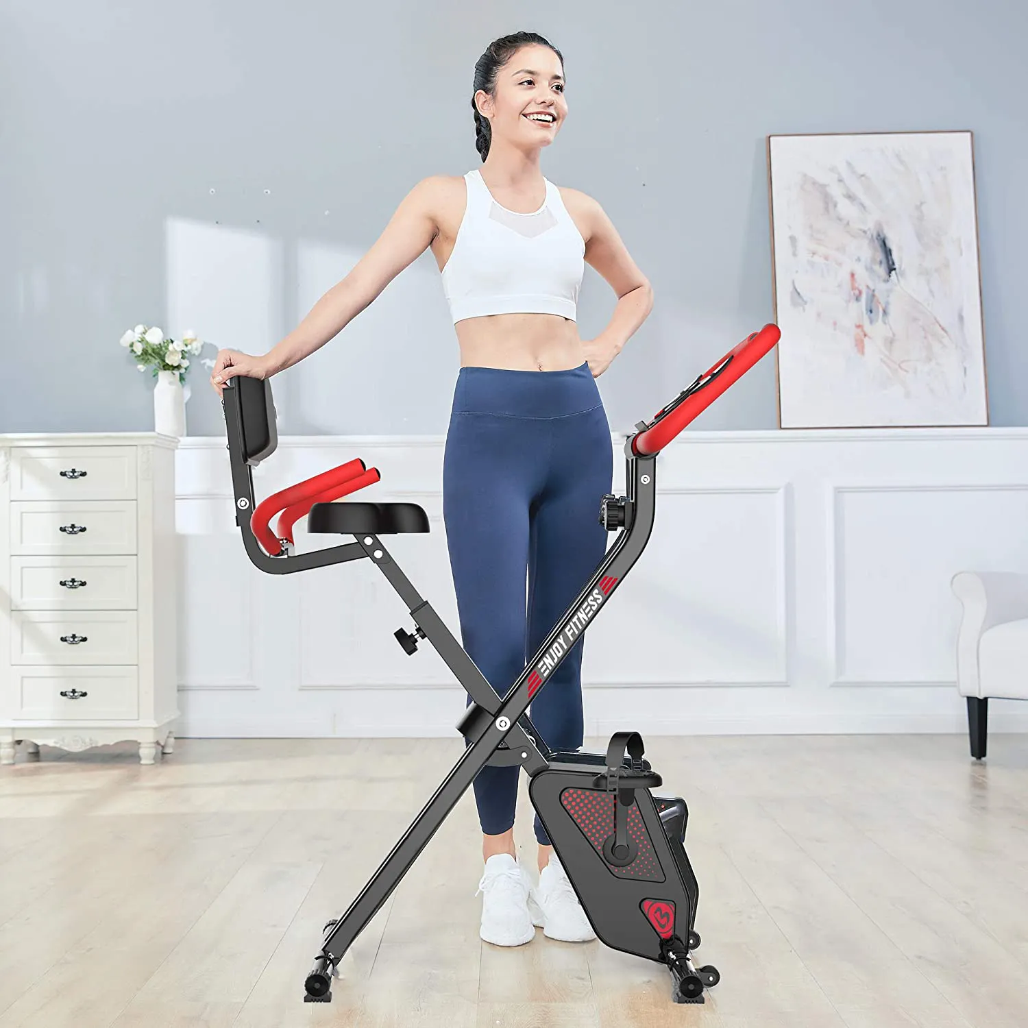 pooboo Folding Exercise Bike Indoor Cycling Bike Magnetic Upright Bike Stationary Bike with Dumbbells,Arm Resistance Bands,Pulse Sensor,LCD Monitor