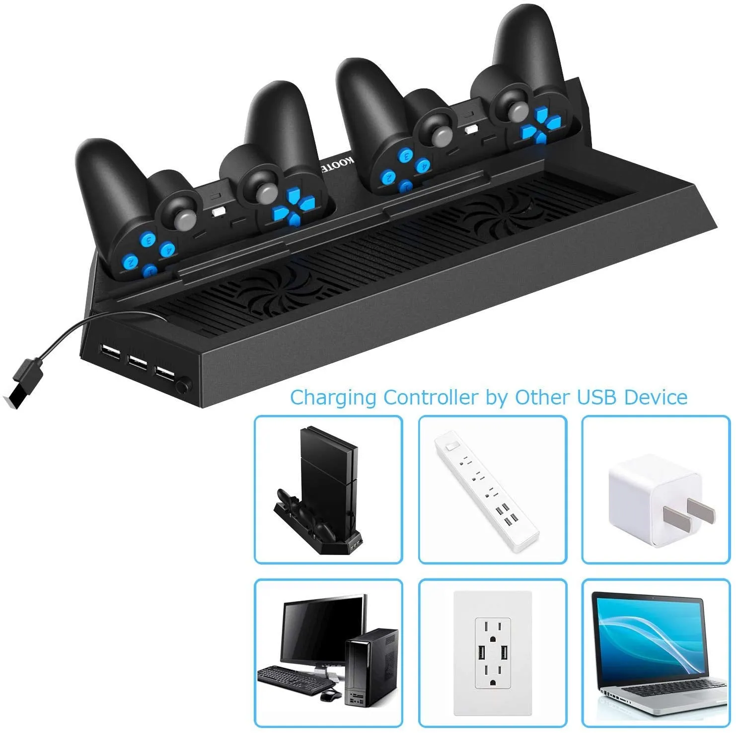 PS4 PlayStation 4 Stand with Cooling Fans, Controllers Charging Station with Dual Charging Ports and USB Hub for Sony Dualshock 4 Controllers