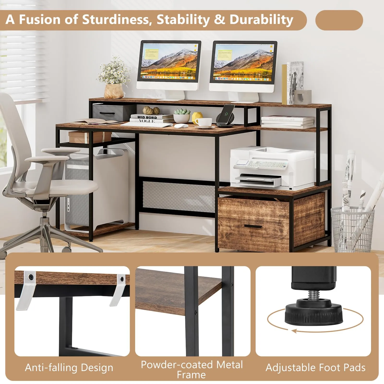 Tangkula 67" Computer Desk with Monitor Stand & File Drawer, Large Home Office Desk with Power Outlets & USB Ports