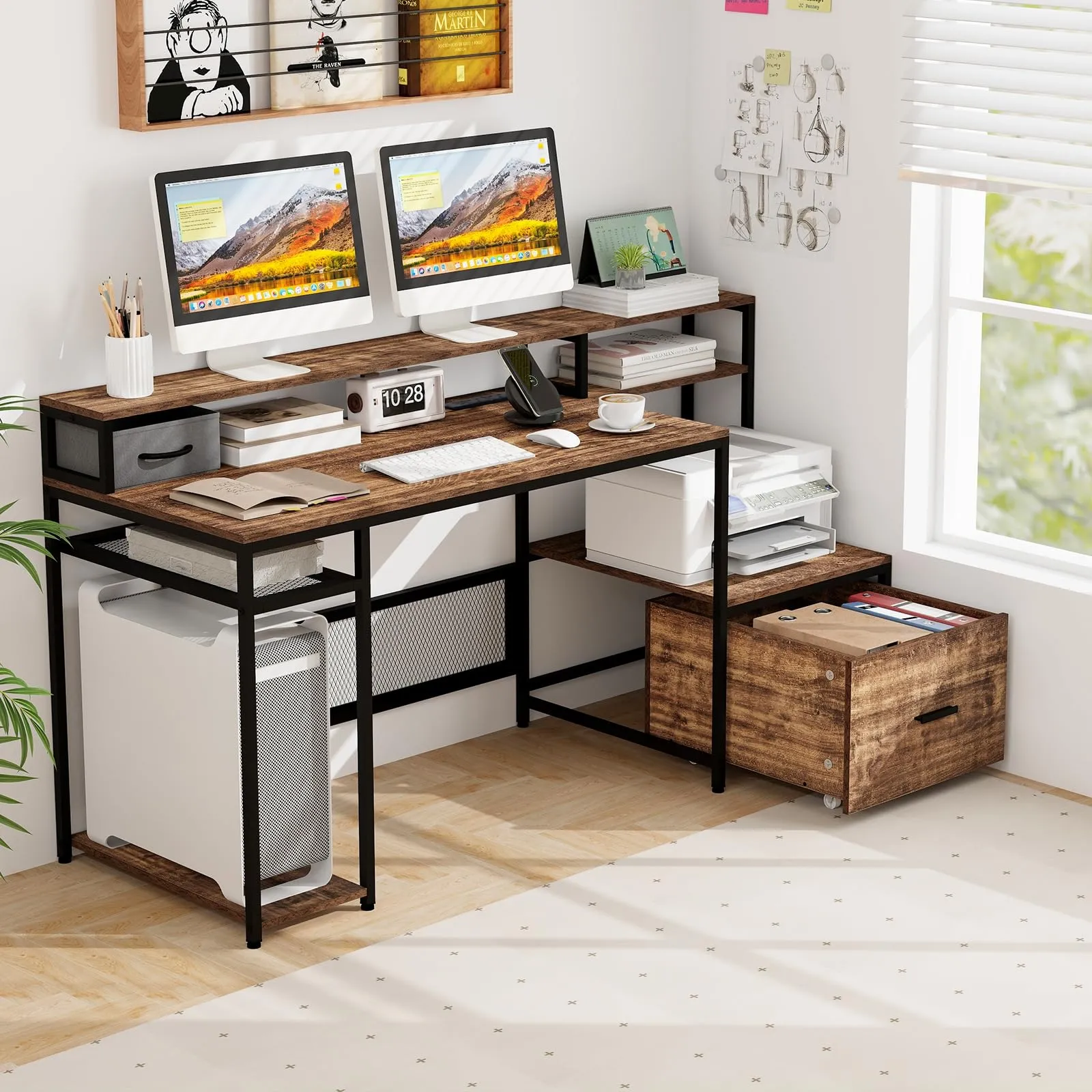 Tangkula 67" Computer Desk with Monitor Stand & File Drawer, Large Home Office Desk with Power Outlets & USB Ports