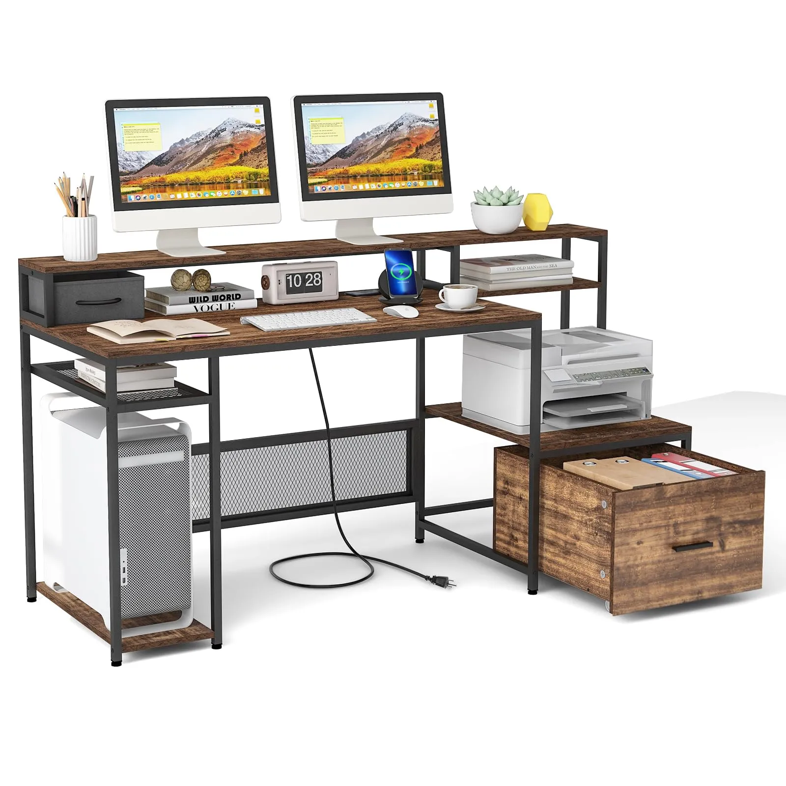 Tangkula 67" Computer Desk with Monitor Stand & File Drawer, Large Home Office Desk with Power Outlets & USB Ports