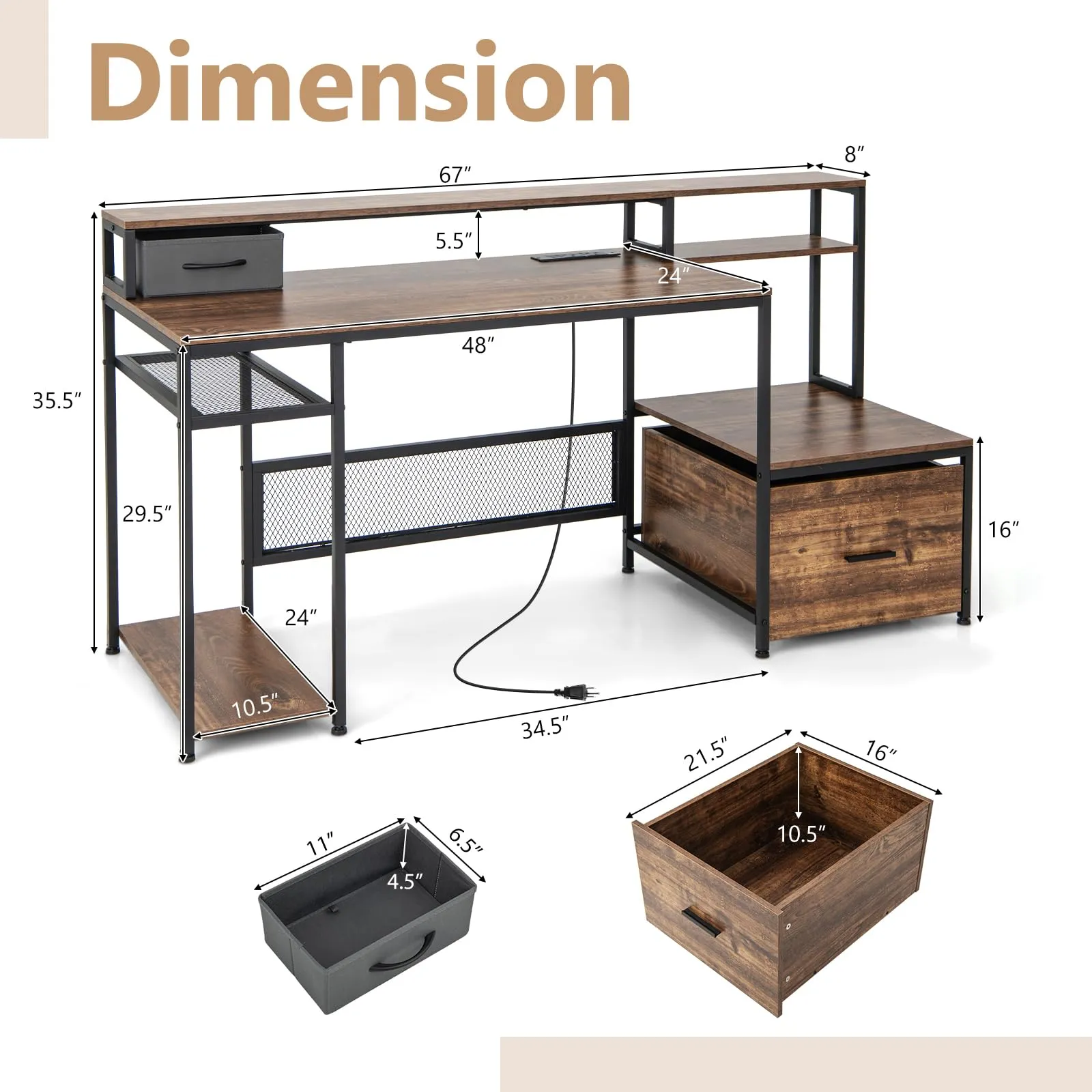 Tangkula 67" Computer Desk with Monitor Stand & File Drawer, Large Home Office Desk with Power Outlets & USB Ports