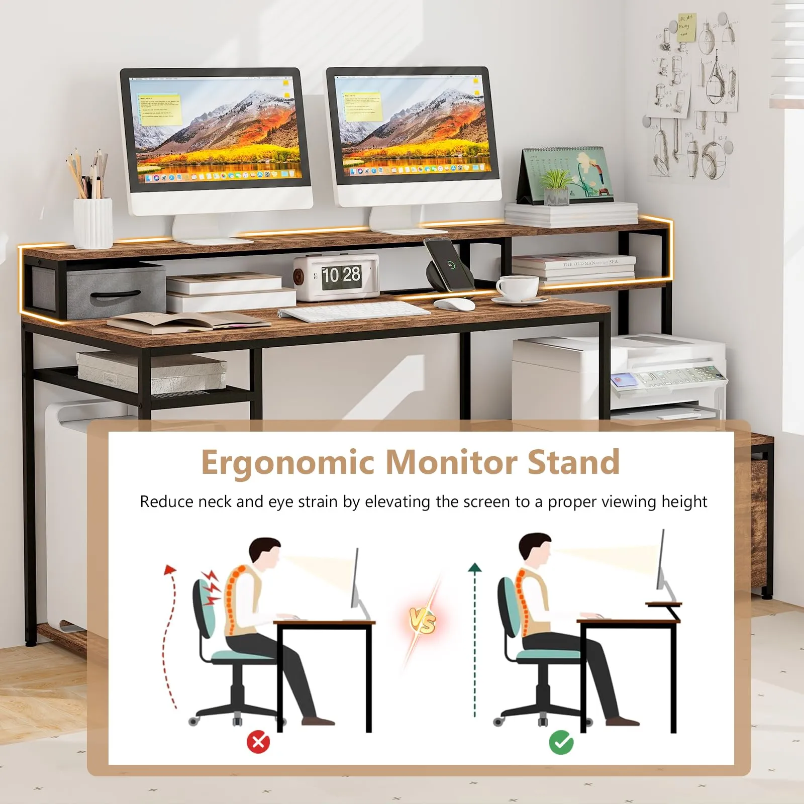 Tangkula 67" Computer Desk with Monitor Stand & File Drawer, Large Home Office Desk with Power Outlets & USB Ports