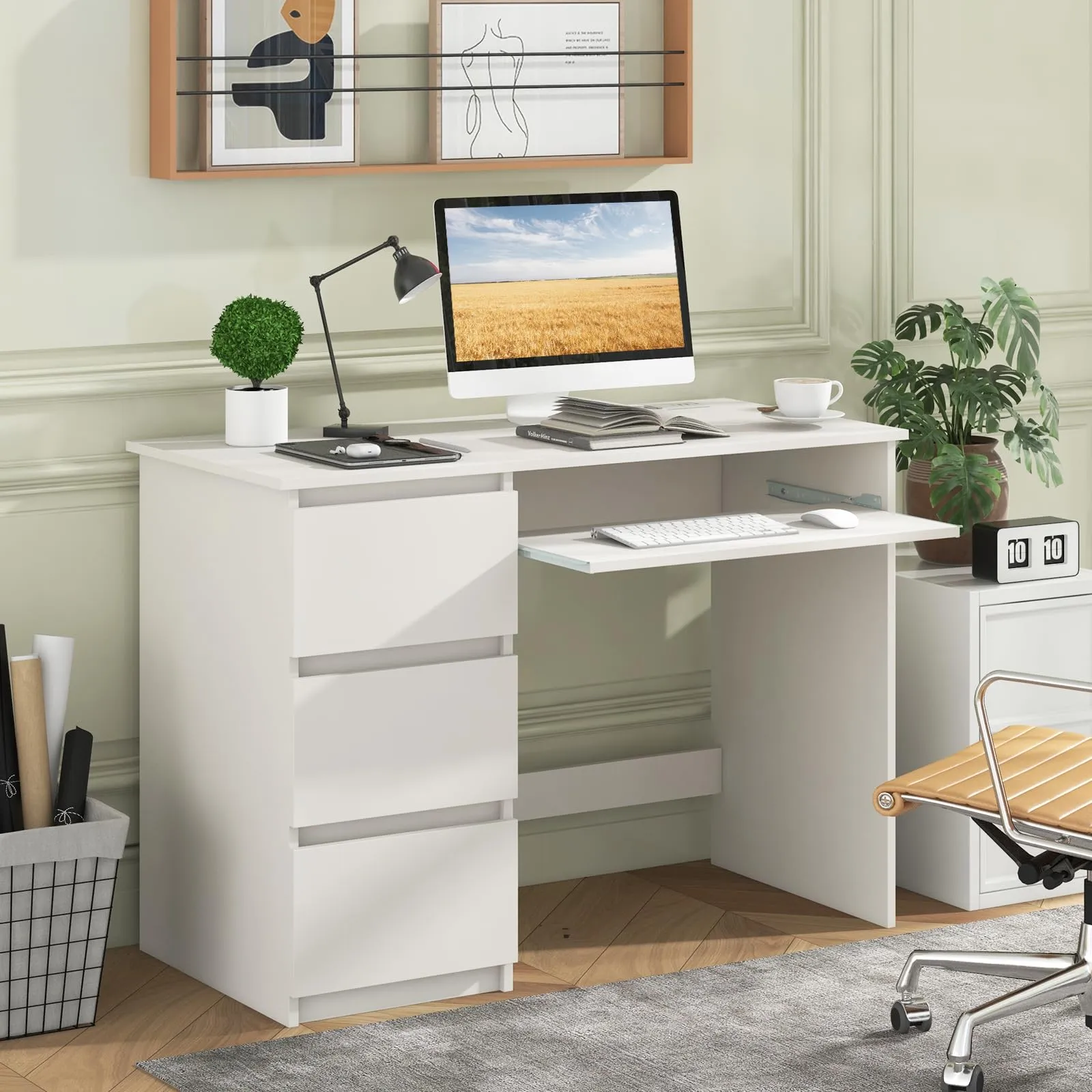 Tangkula Computer Desk with 3 Storage Drawers & Built-in Charging Station, Home Office Desk with Keyboard Tray