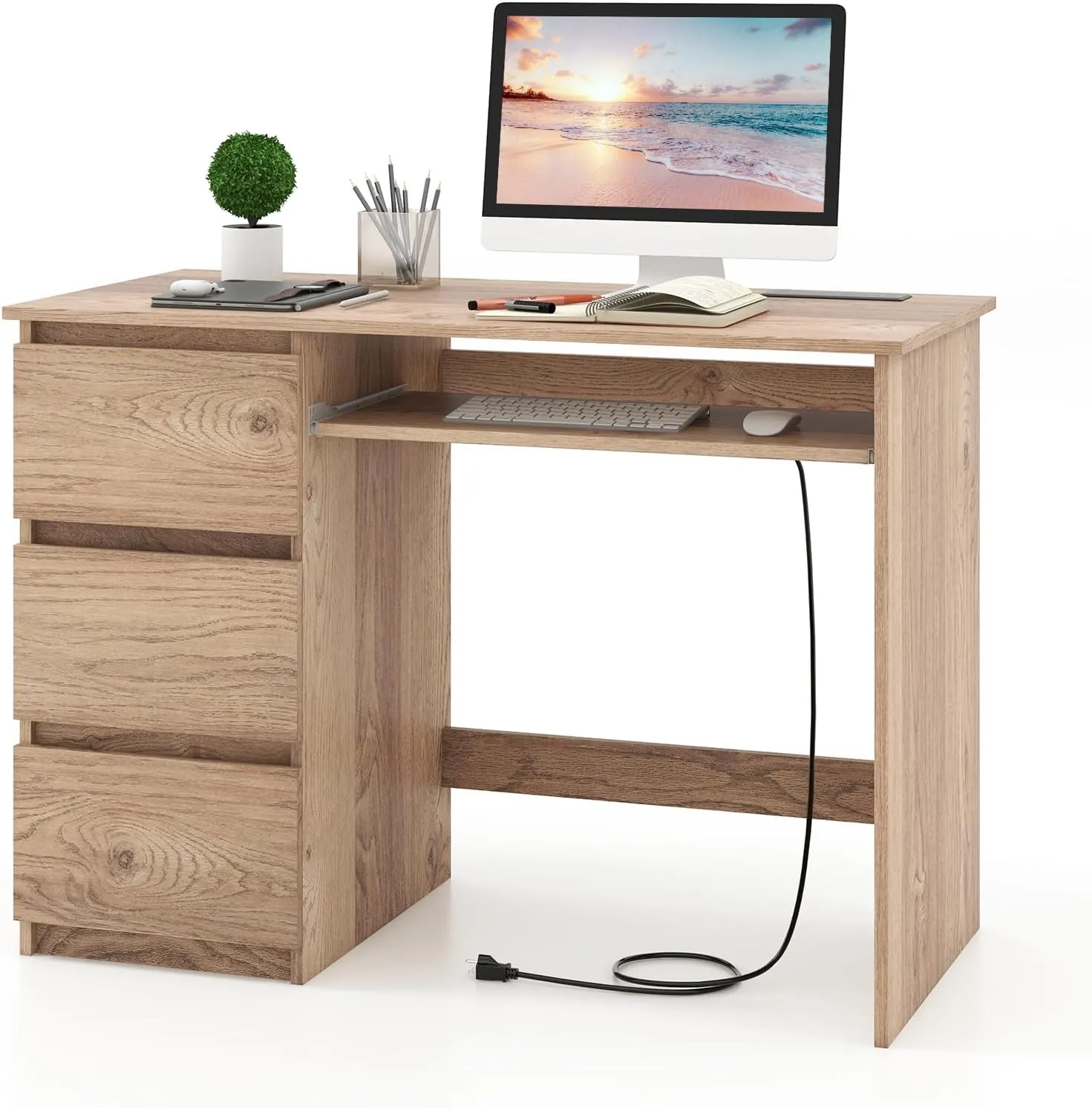 Tangkula Computer Desk with 3 Storage Drawers & Built-in Charging Station, Home Office Desk with Keyboard Tray