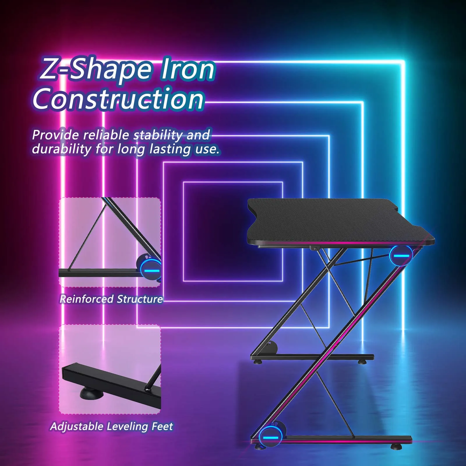 Tangkula Gaming Computer Desk, Z-Shaped Home Office Computer Table with LED Lights & Large Carbon Fiber Surface