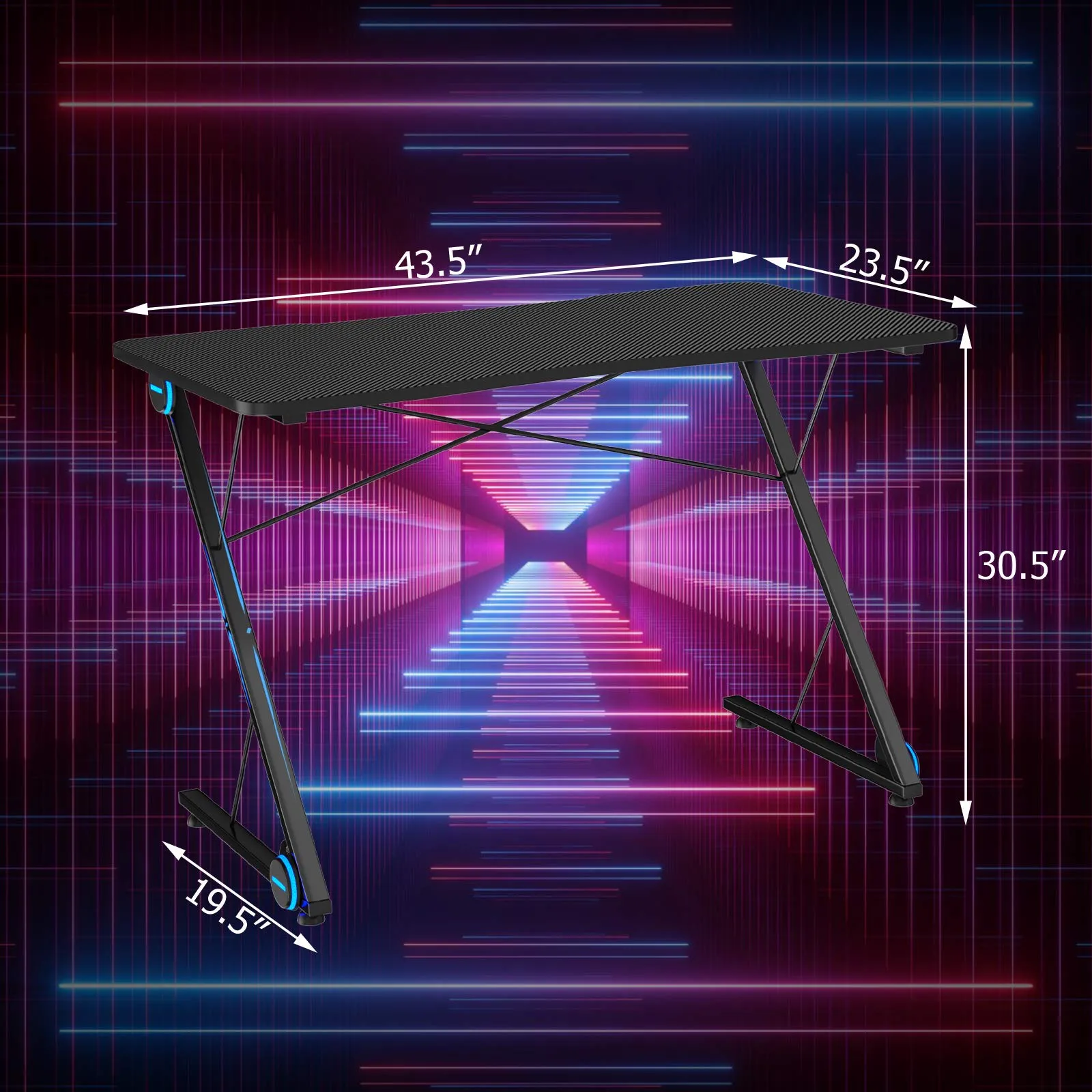 Tangkula Gaming Computer Desk, Z-Shaped Home Office Computer Table with LED Lights & Large Carbon Fiber Surface