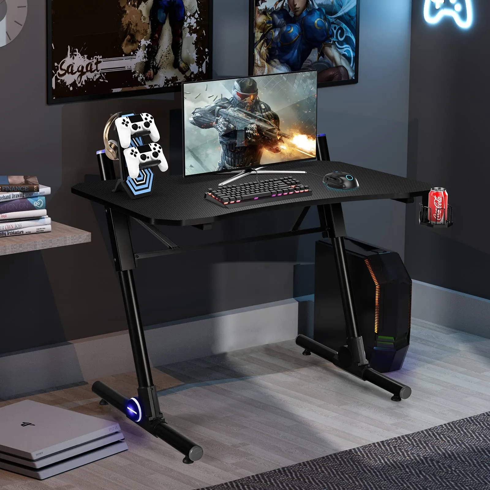 Tangkula Gaming Desk, Height Adjustable Computer Desk w/Blue LED Lights