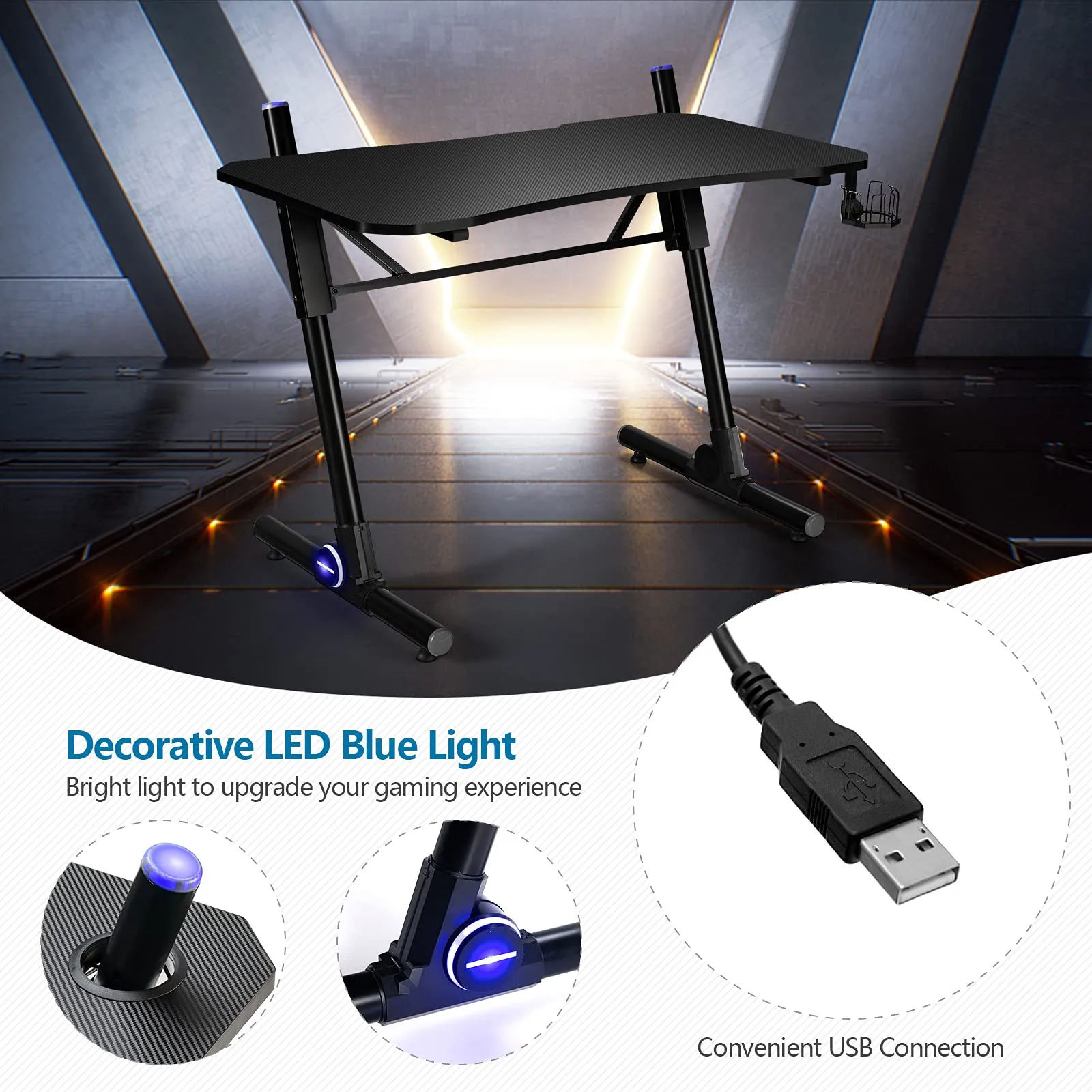 Tangkula Gaming Desk, Height Adjustable Computer Desk w/Blue LED Lights