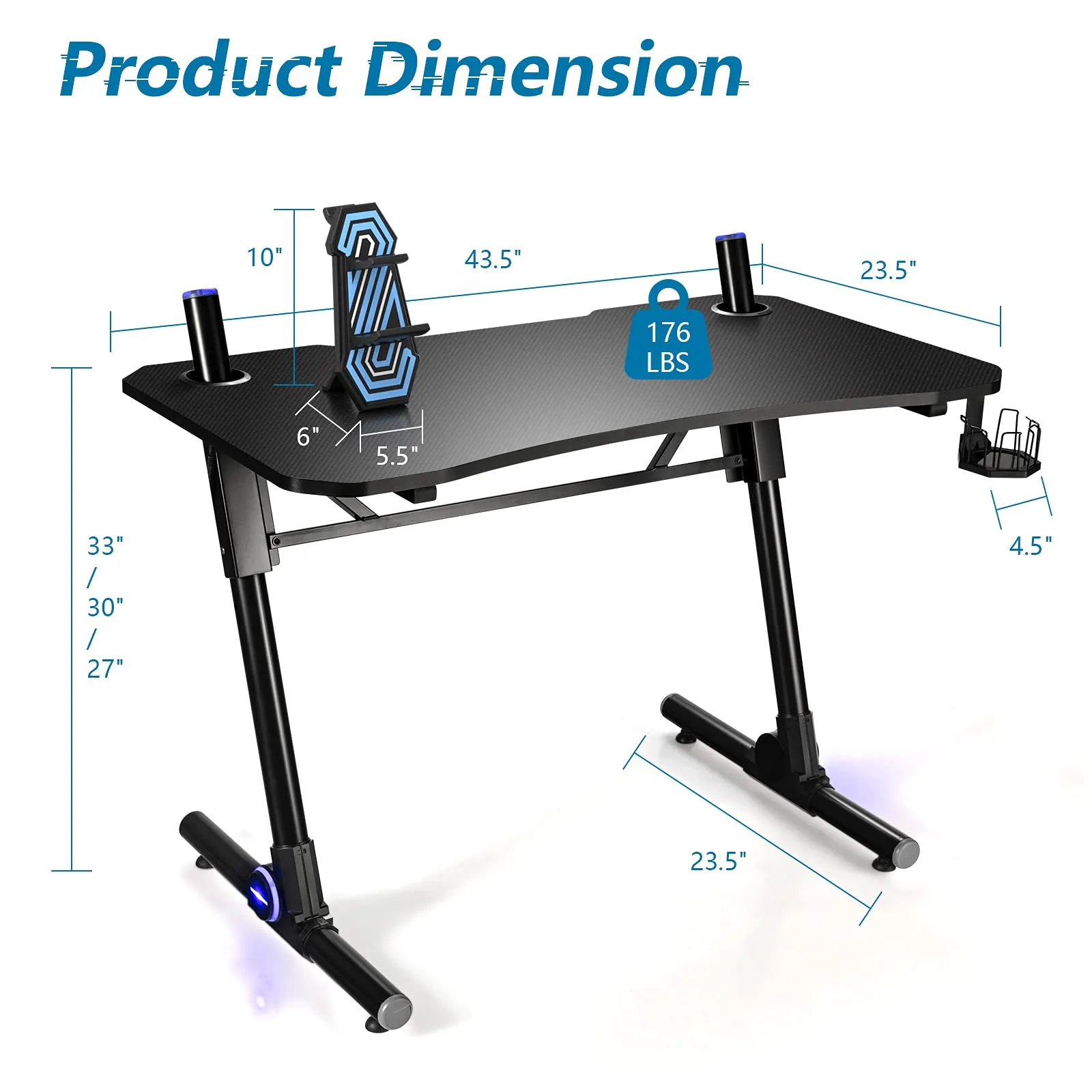 Tangkula Gaming Desk, Height Adjustable Computer Desk w/Blue LED Lights