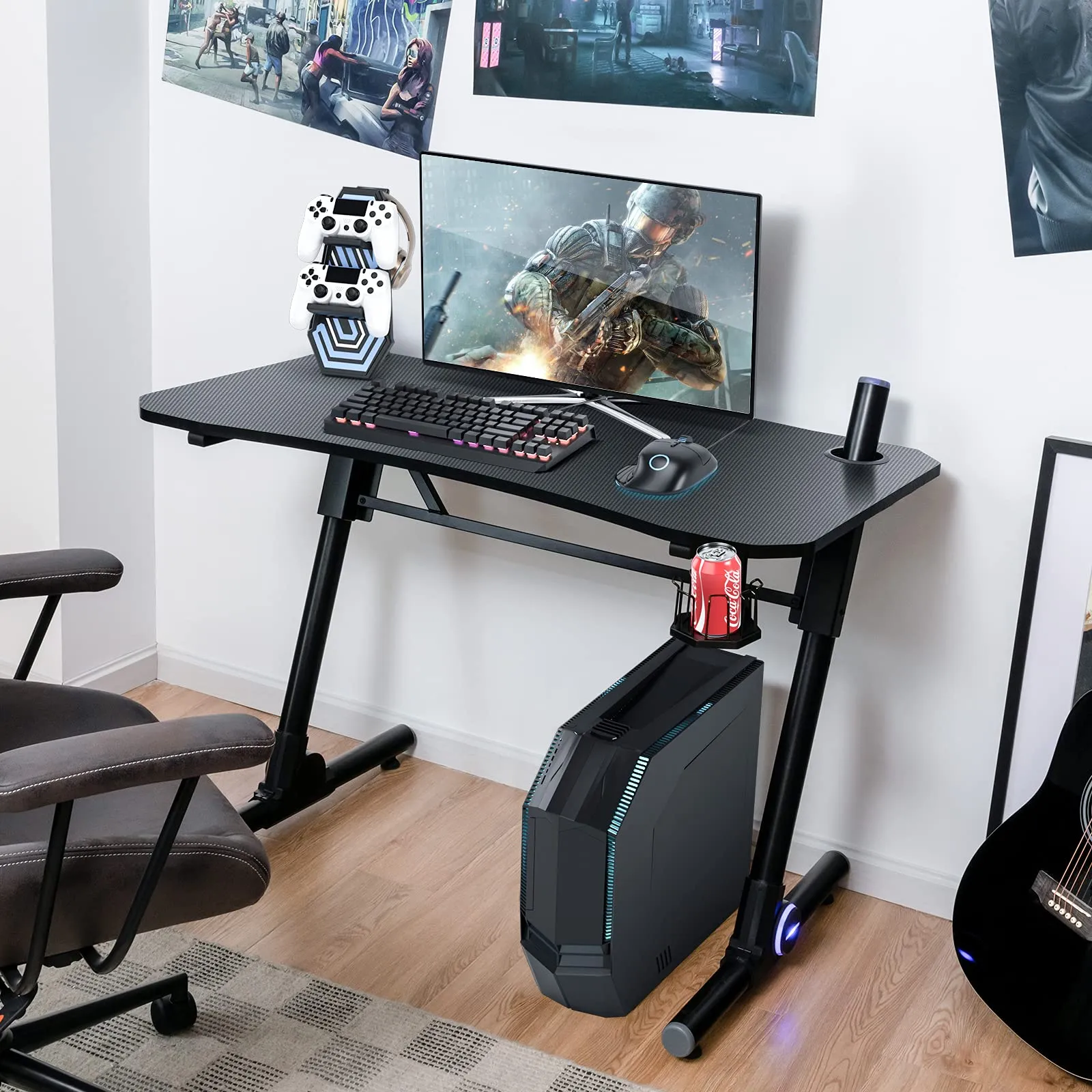 Tangkula Gaming Desk, Height Adjustable Computer Desk w/Blue LED Lights